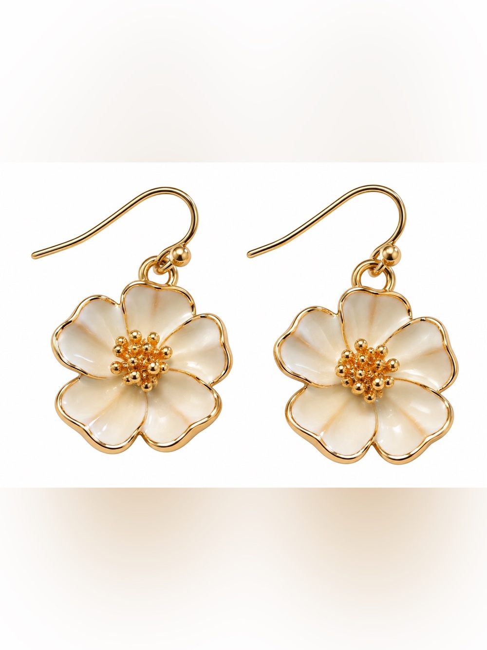 Ivory Enamel Flower Gold Tone Dangle Earrings Floral Statement
